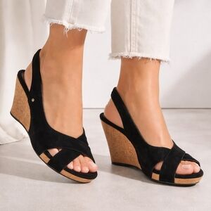 UGG Black Suede Cork Wedge Sandals with Slingback